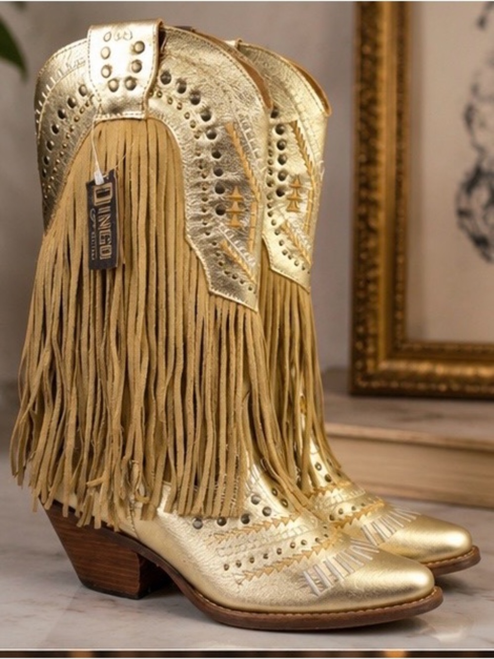 Dingo Gypsy Metallic Gold Fringe Studded Western Cowboy Boots Size 7.5 - Picture 5 of 12